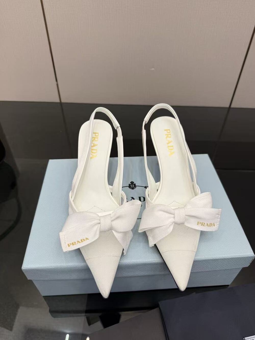 Prada White Satin Pointed Toe Slingback Heels